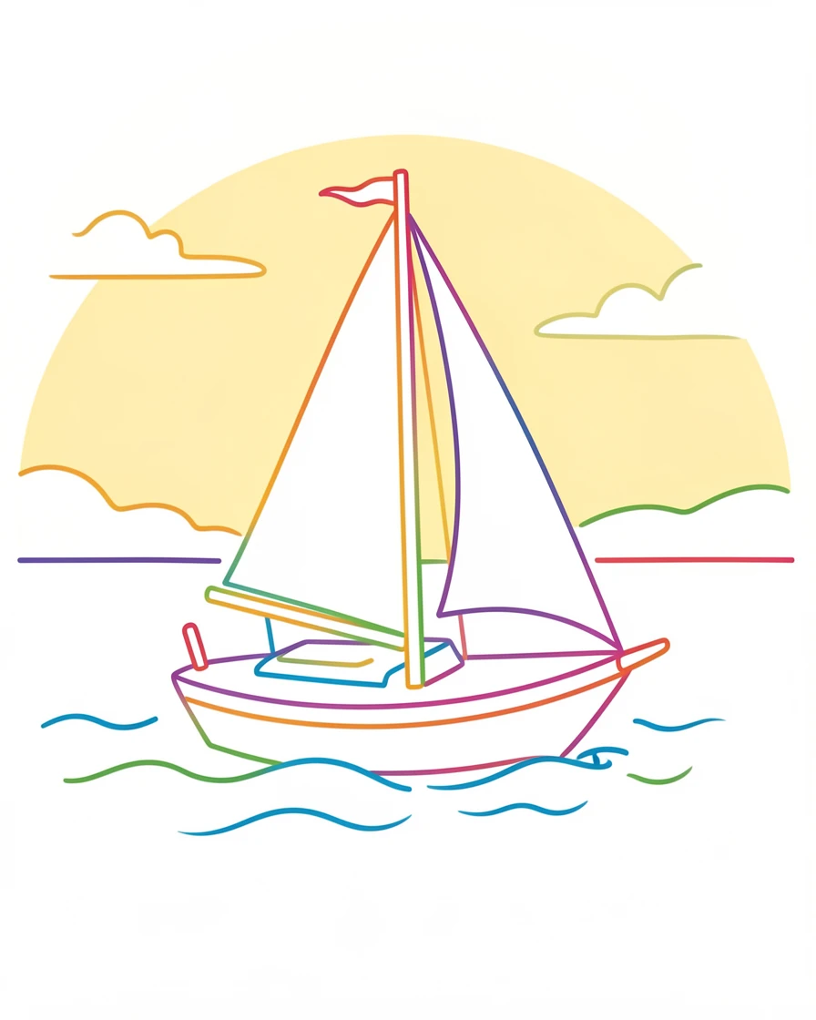 A sailboat gliding across a calm harbor at sunset.