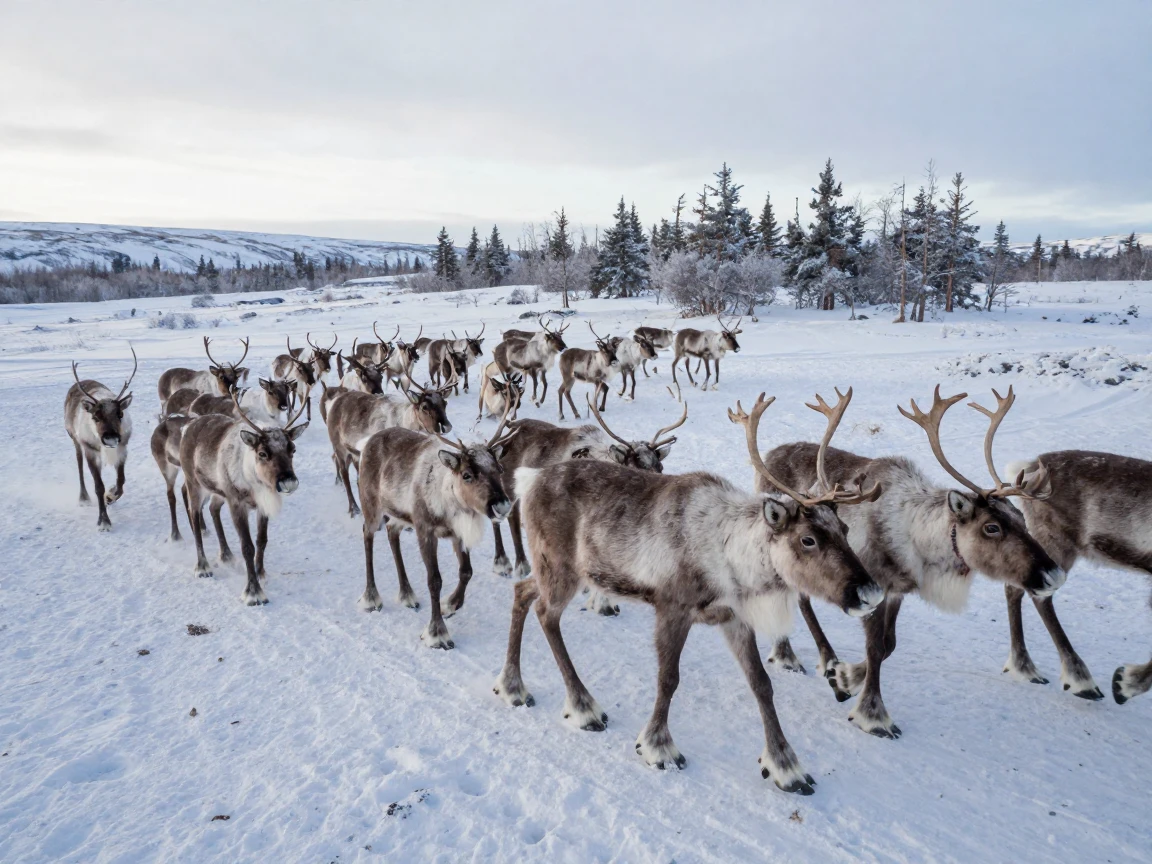 A reindeer herd migrating across a snowy Scandinavian plain