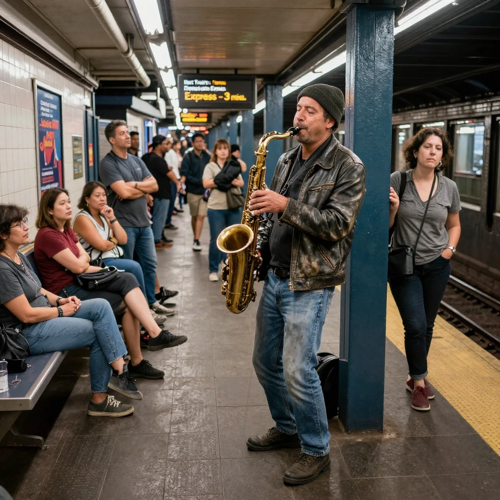 A street musician plays saxophone on a subway platform as commuters pause to listen.