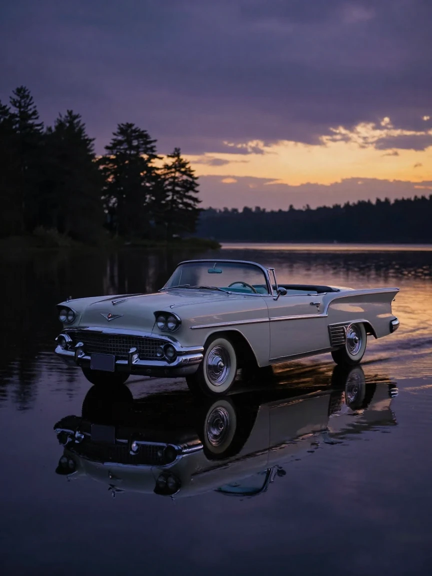 A gleaming vintage automobile gliding across a calm lake under a darkening evening sky