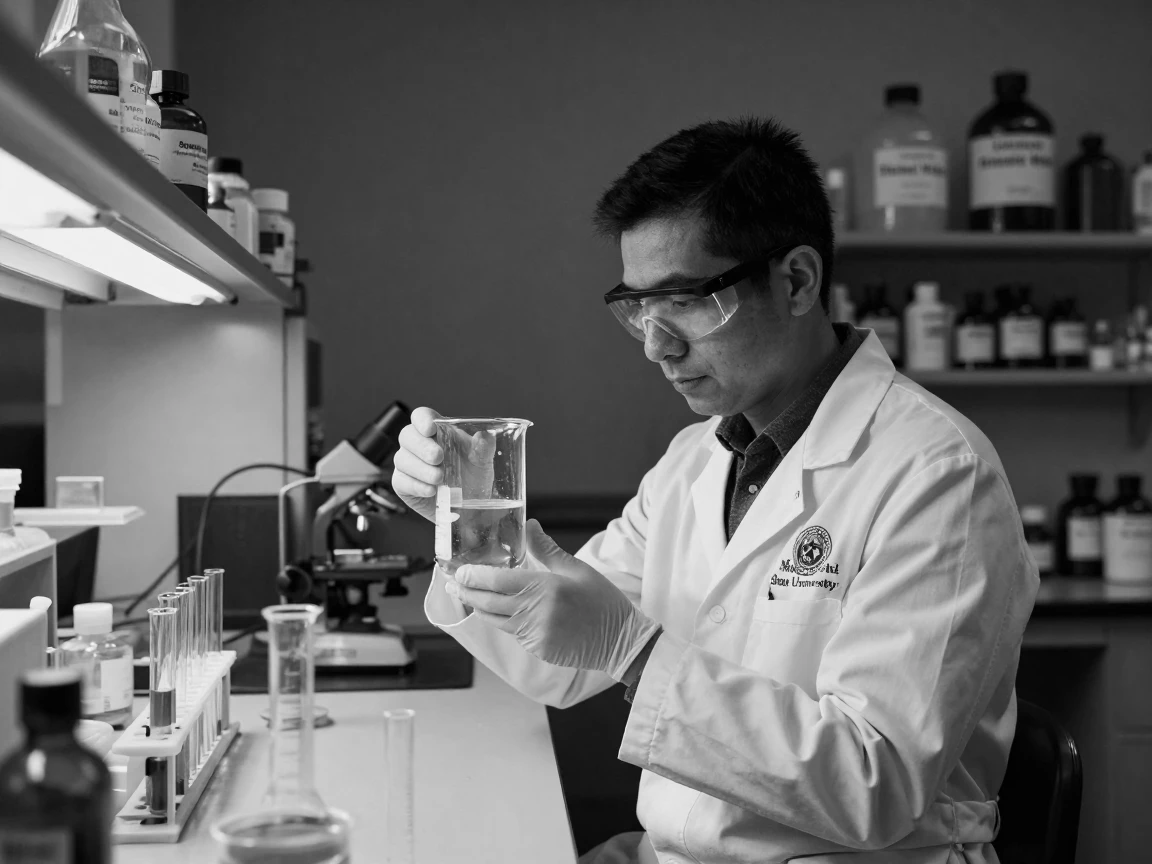 A chemist watches a solution change color in a university research lab.