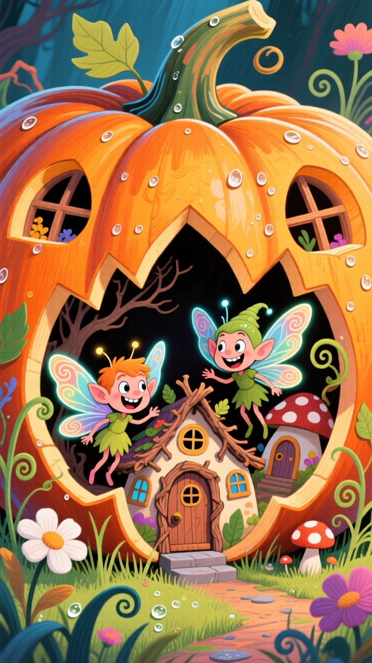 A tiny fairy village built inside a hollowed-out giant pumpkin.
