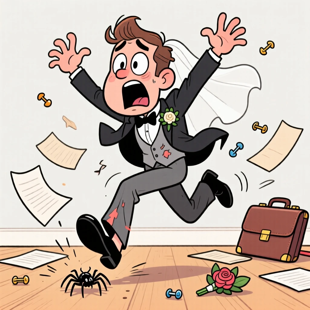 A funny expressive moment showing a nervous groom overreacting dramatically to a tiny spider, as papers and belongings scatter everywhere.