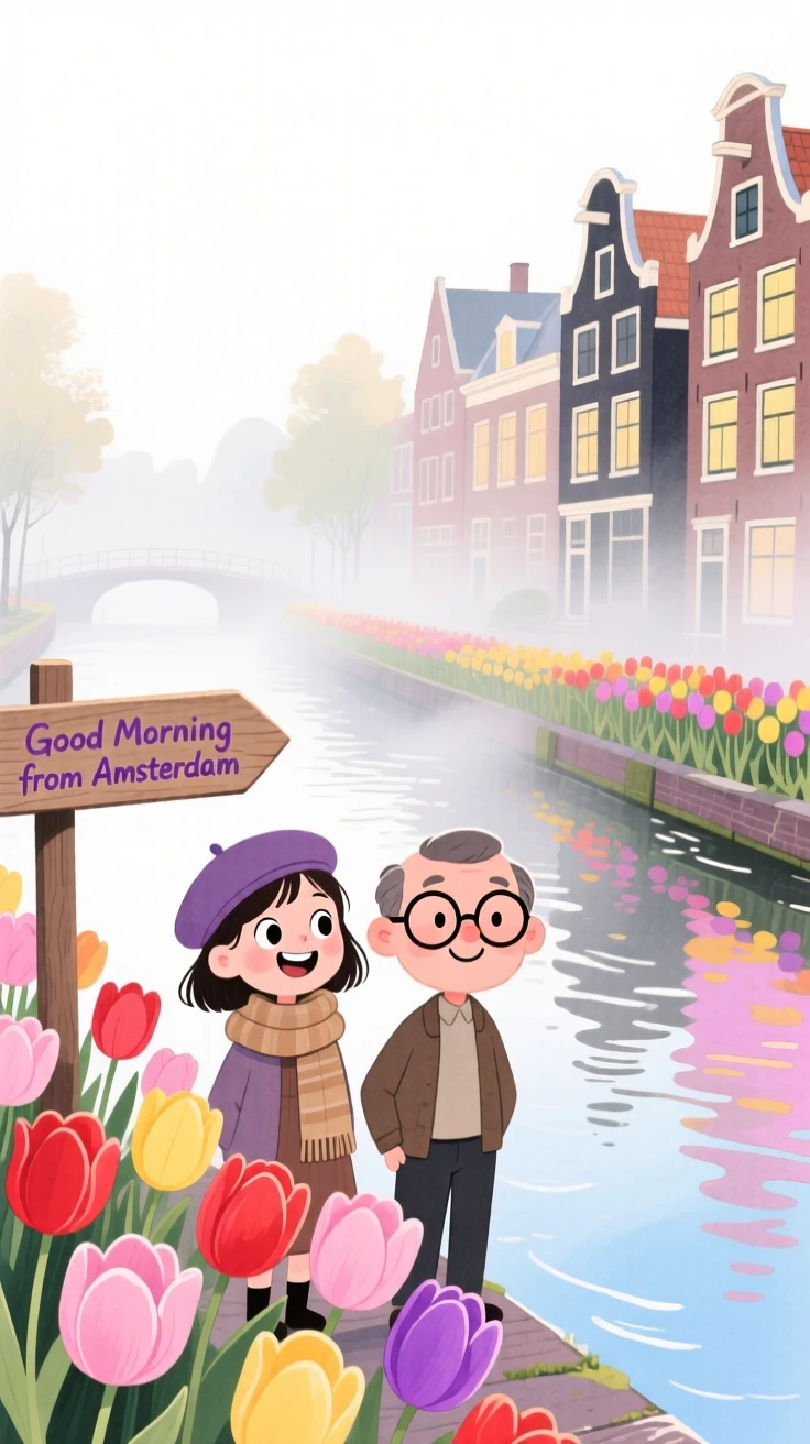 A dreamy travel postcard scene of the canals of Amsterdam lined with tulips wrapped in gentle morning mist