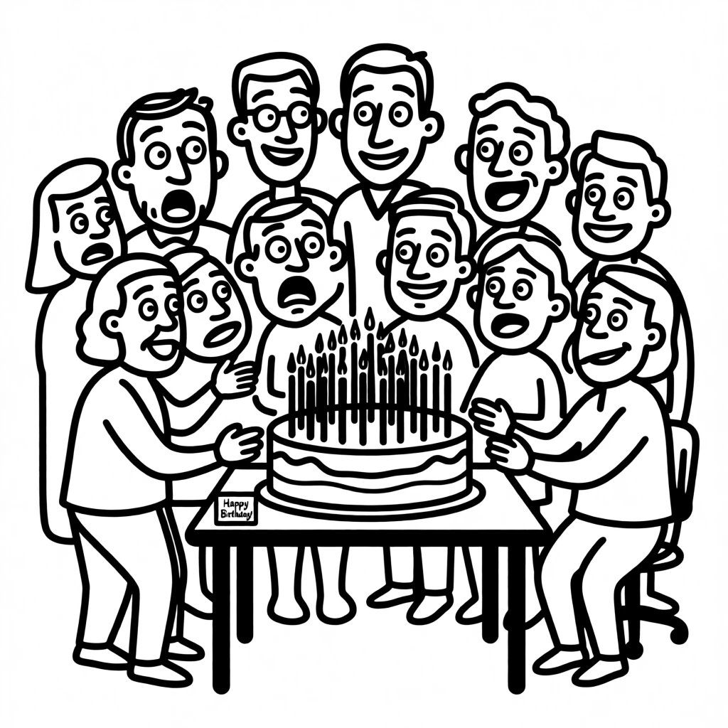 An office team celebrating a birthday with a cake covered in too many candles.