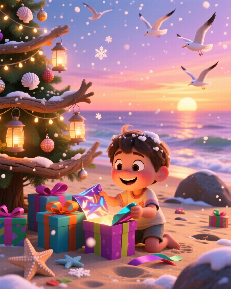 A child opening presents beside a glowing tree happens on a beach during a warm summer sunset, with soft snow drifting gently down. A festive warmth and togetherness fill the scene.