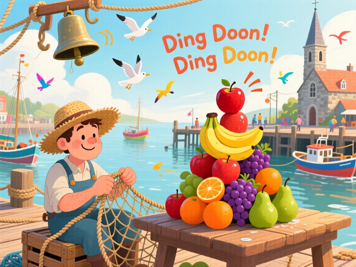 In a bustling harbor town, a fisherman mending his nets is busy arranging fruit into a colorful pyramid, as the church bell rings in the distance.