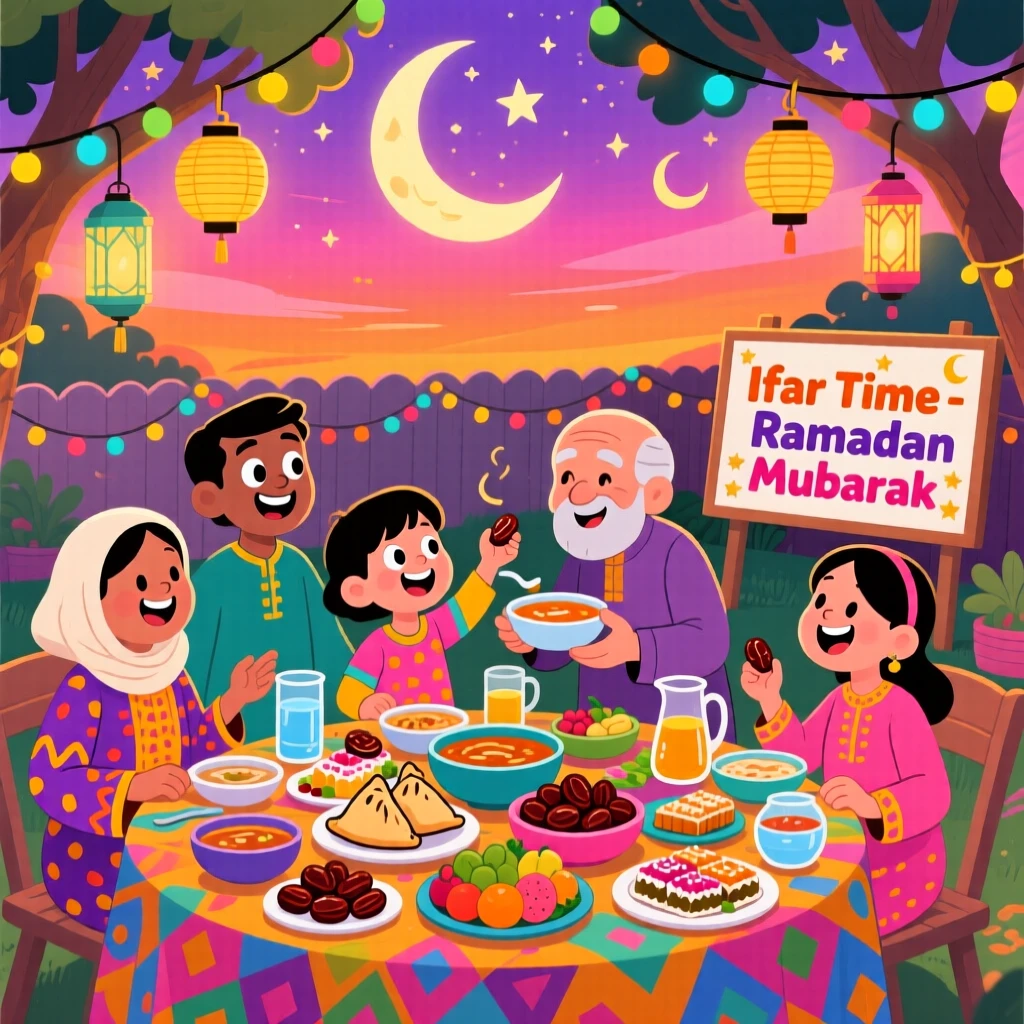 A family gathering to break a fast together at sunset during Ramadan.