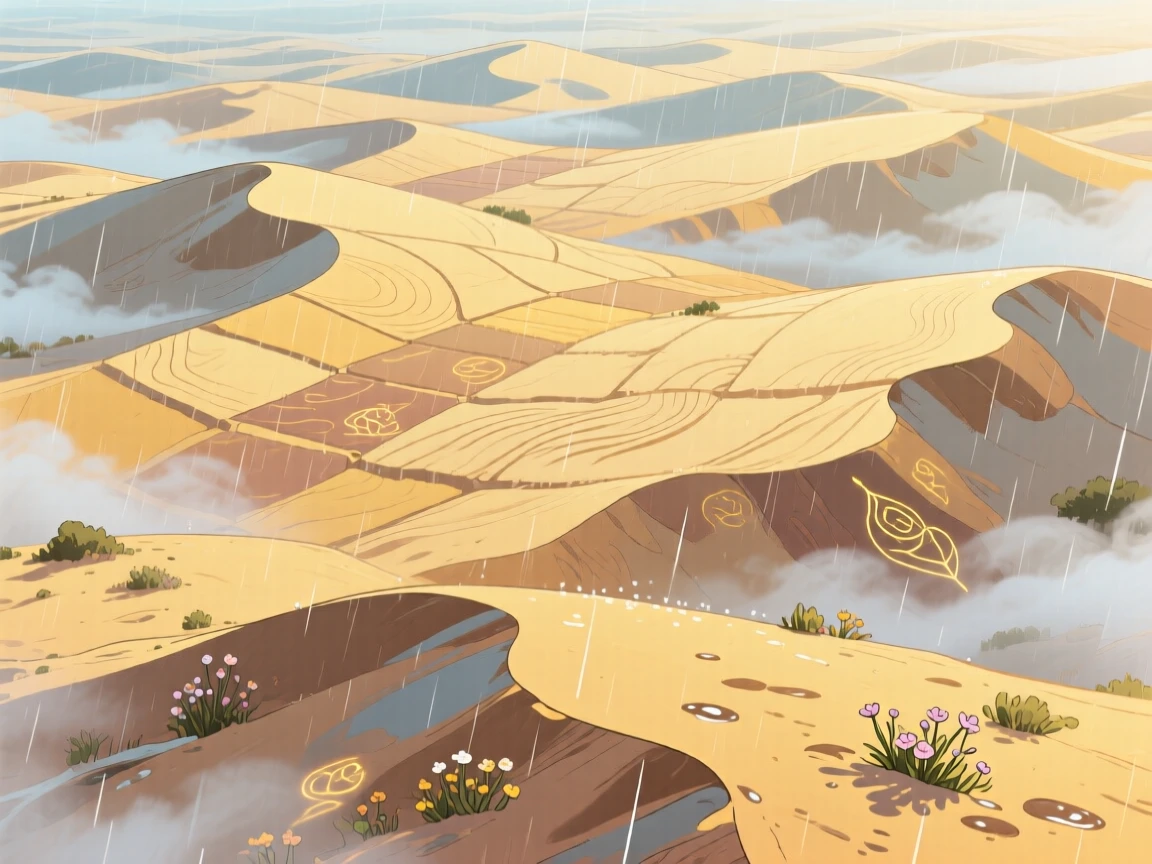 A breathtaking view of a desert dune field with rippled sand, with wisps of morning mist clinging to the low ground, just after a rain shower, shown from directly above like a patchwork quilt.