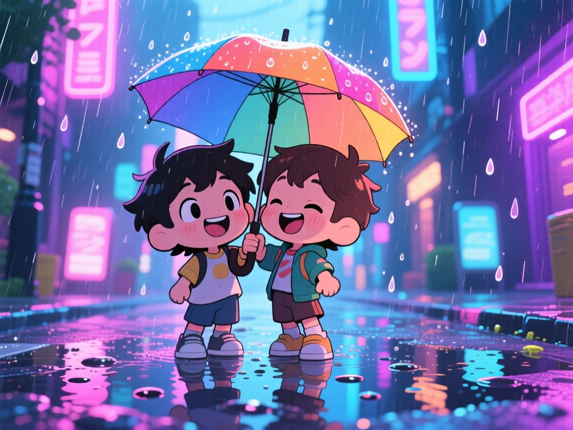 Two best friends sharing a single umbrella in the rain in a puddle-lined street during a light summer breeze; neon-lit glow washes over the scene as playful mischief fills the moment. Low-angle shot looking up.