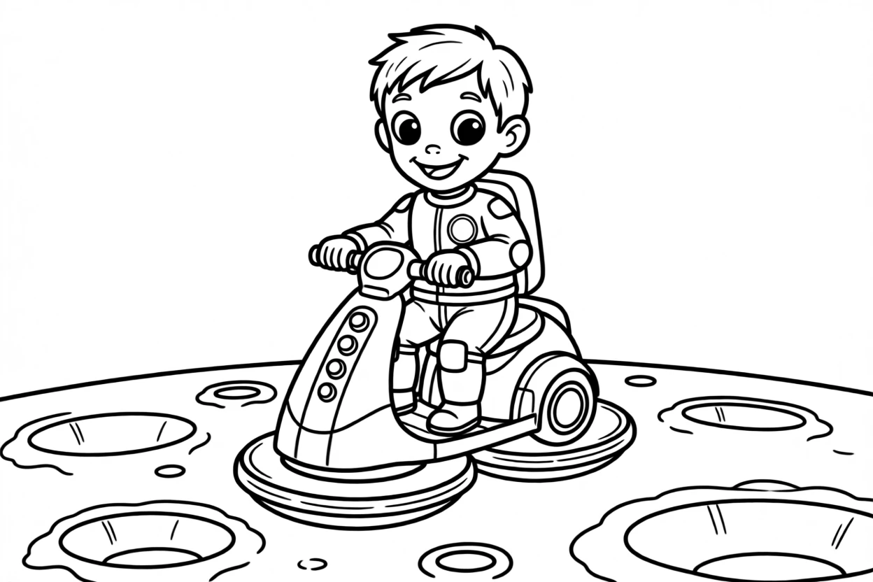 A friendly alien riding a floating scooter across craters