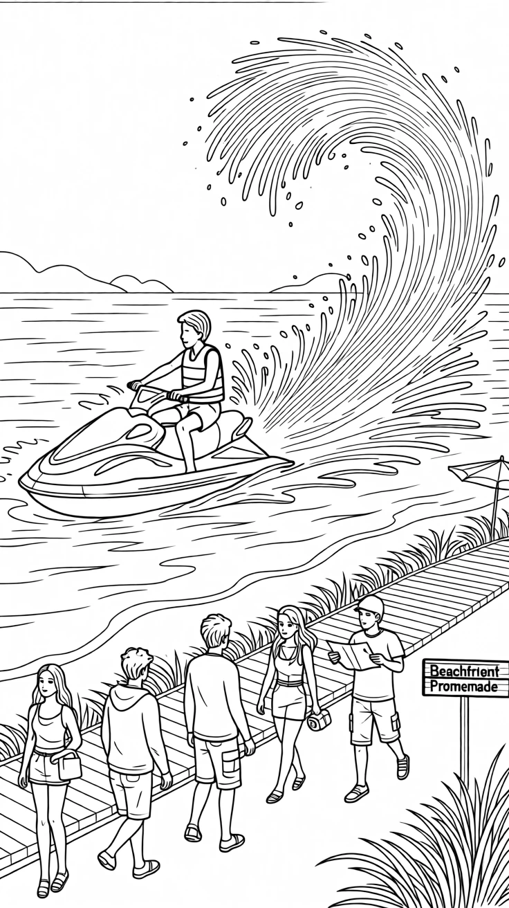 A jet ski cutting a spray across open water, with locals and travelers strolling nearby.