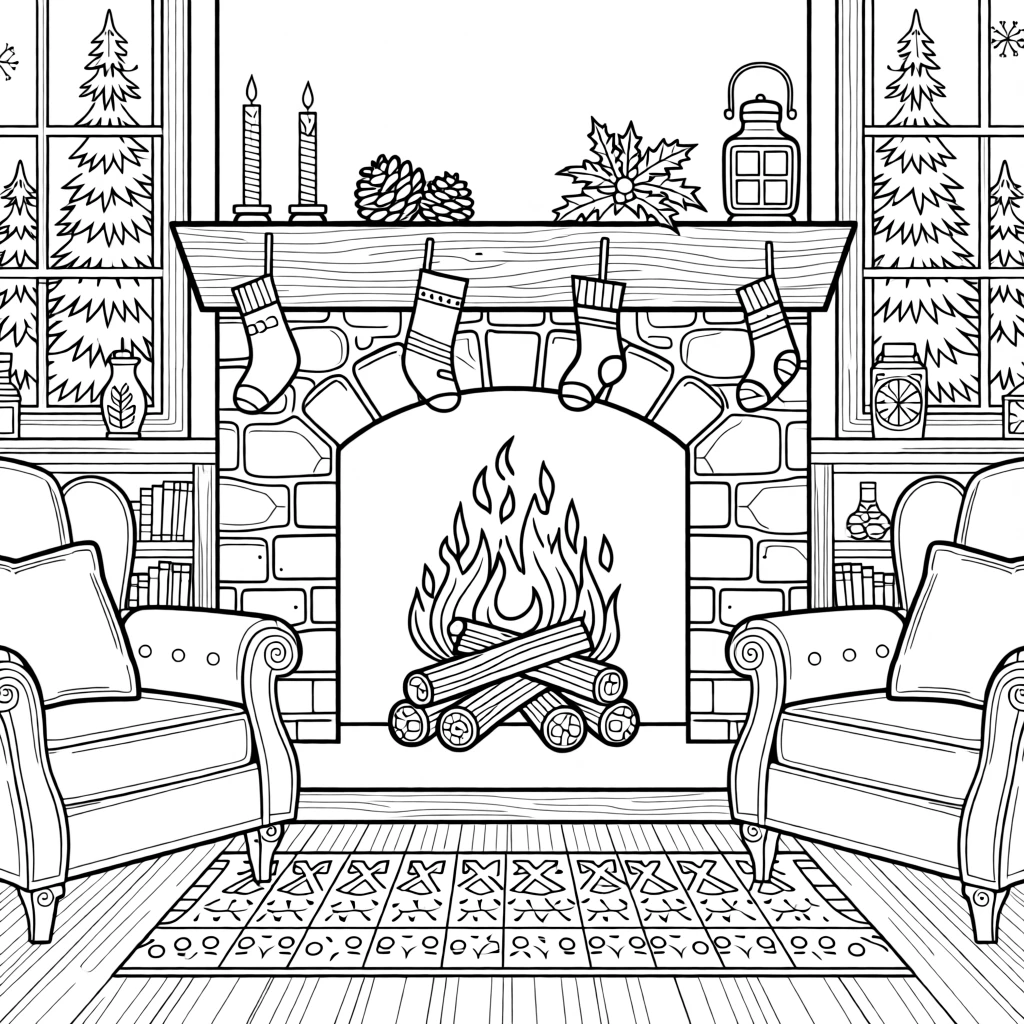 A winter cabin scene with a roaring fire and stockings on the mantel.