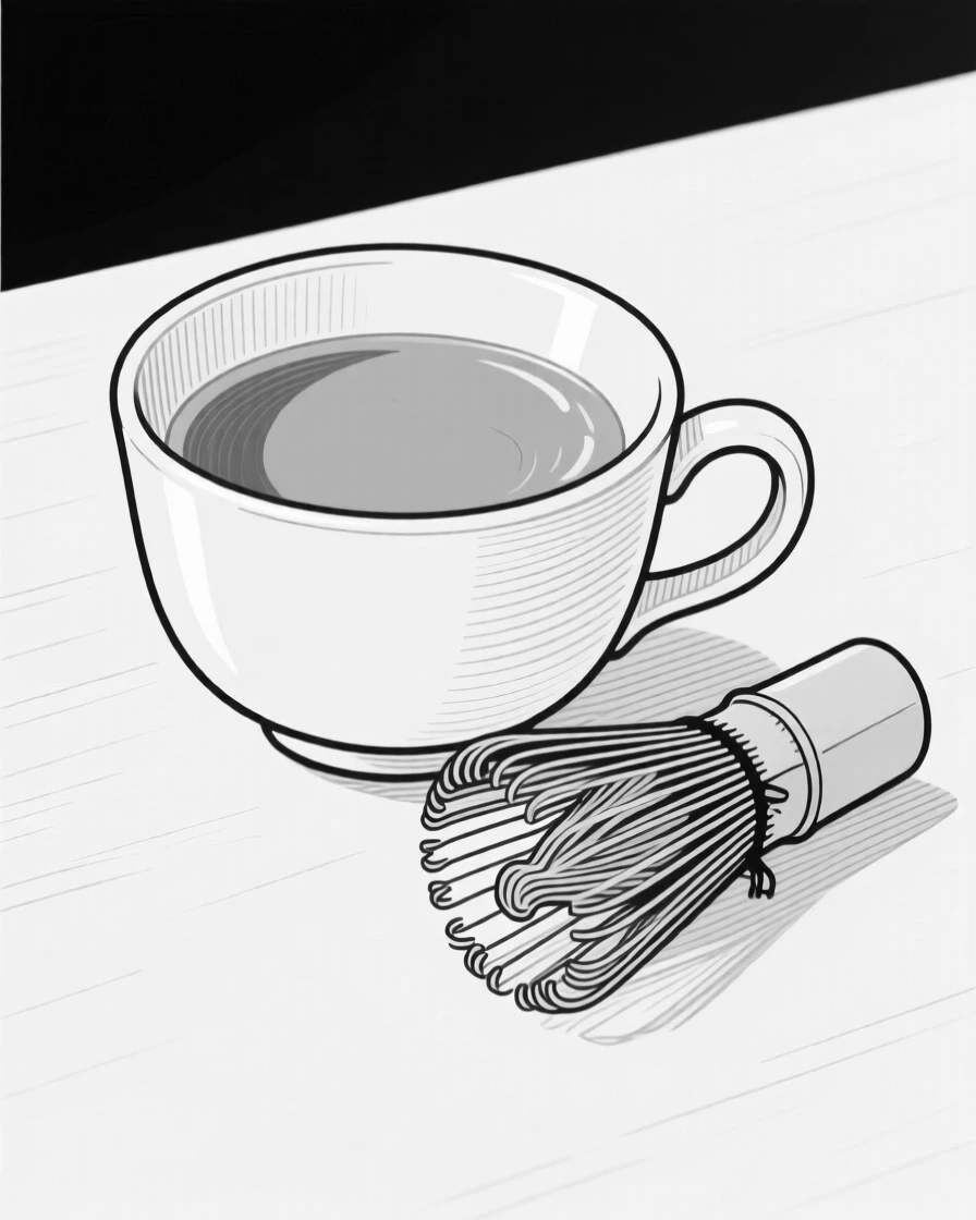 A cup of matcha tea with traditional whisk beside it