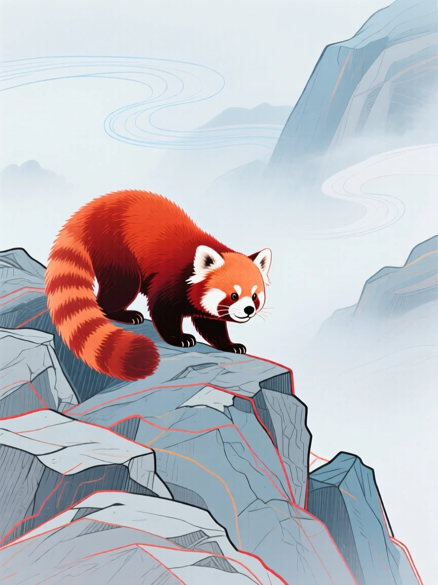 A red panda exploring on a rocky hillside as fog rolls in.