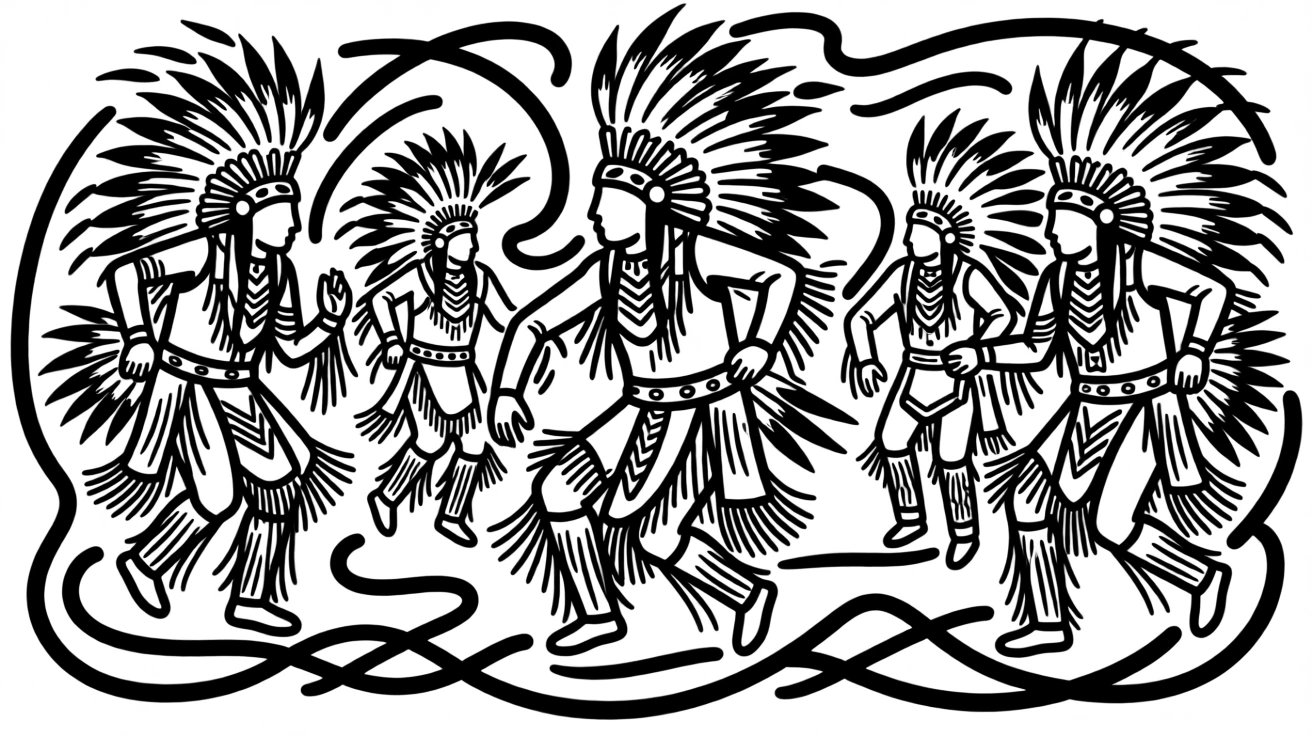 A traditional Native American powwow with dancers in vibrant feathered regalia.