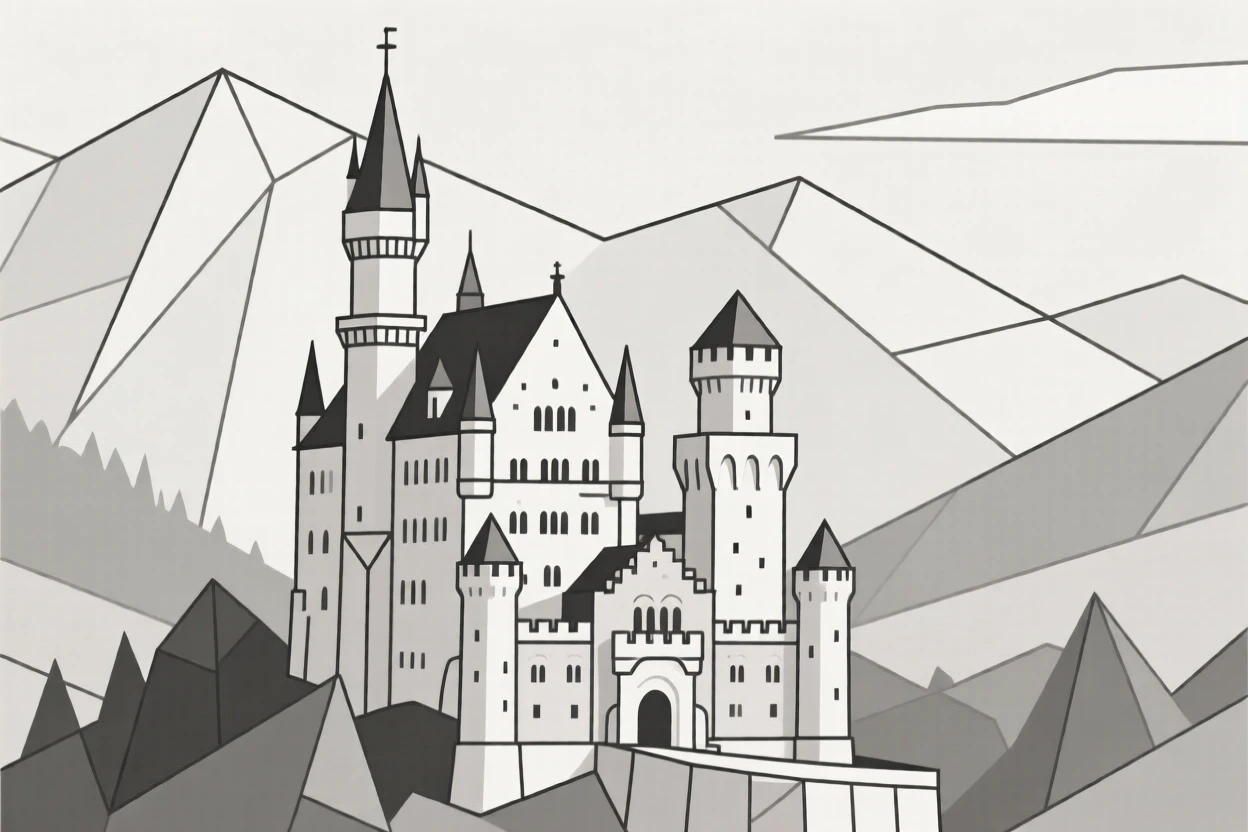Neuschwanstein Castle nestled among Bavarian mountains