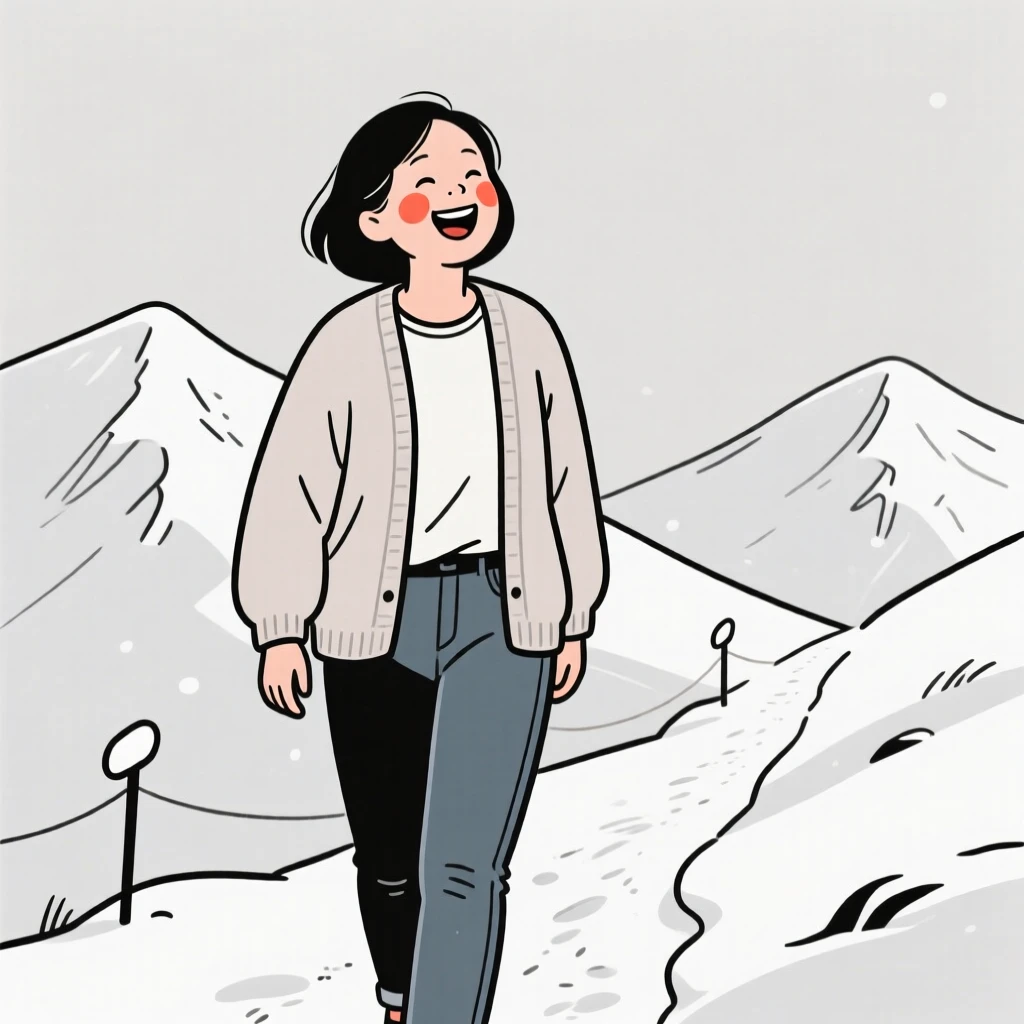 A mother of Chinese heritage in a soft cardigan and jeans, laughing joyfully, on a snowy mountain trail.