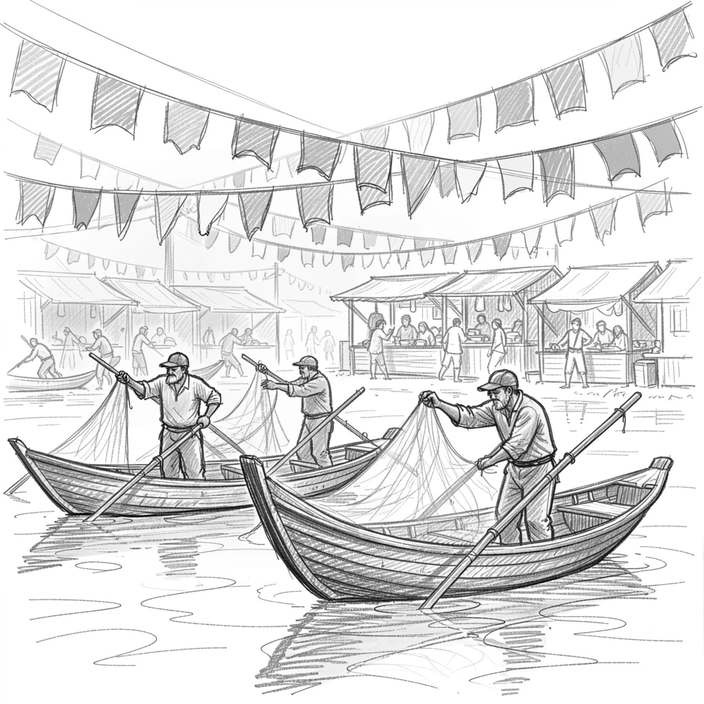 A vibrant cultural scene of fishermen casting nets from wooden boats at dawn in a vibrant open-air bazaar, with colorful flags strung overhead.