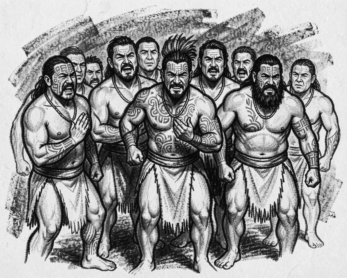 A traditional Maori haka performance, with everyone gathered close together.