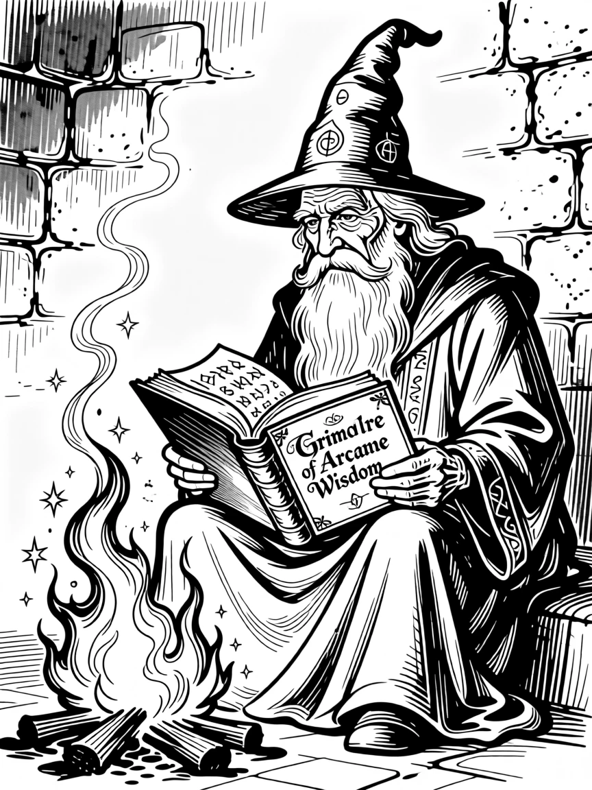 A wise old wizard reading a spellbook beside a crackling magical fire.