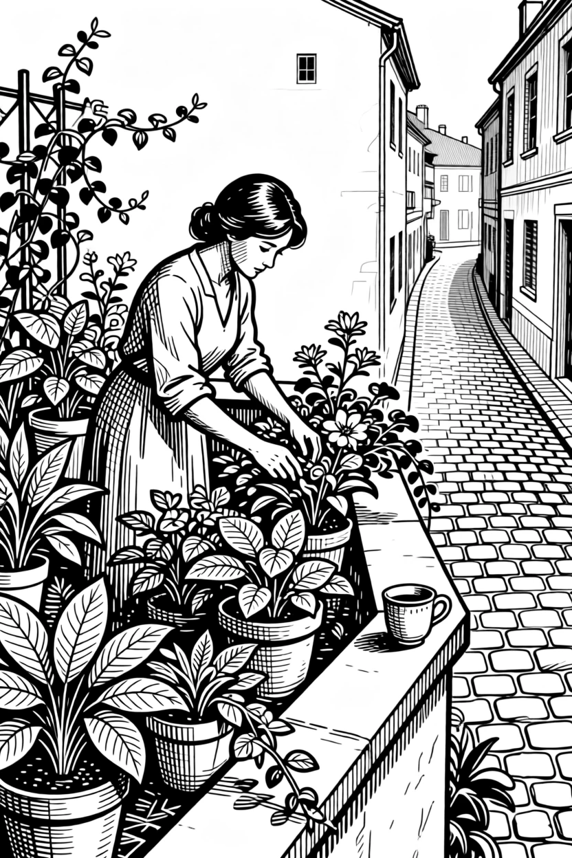 A woman tending her rooftop garden along a quiet cobblestone street, with a cup of tea resting close by, creating a quietly intimate lifestyle scene.