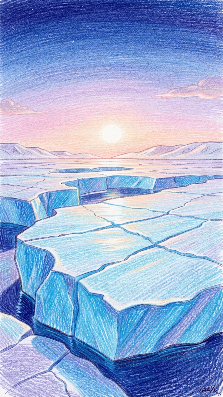 An arctic ice shelf glowing blue beneath the midnight sun, framed thoughtfully to draw the eye toward the central subject, radiating comfort, joy, and quiet beauty.