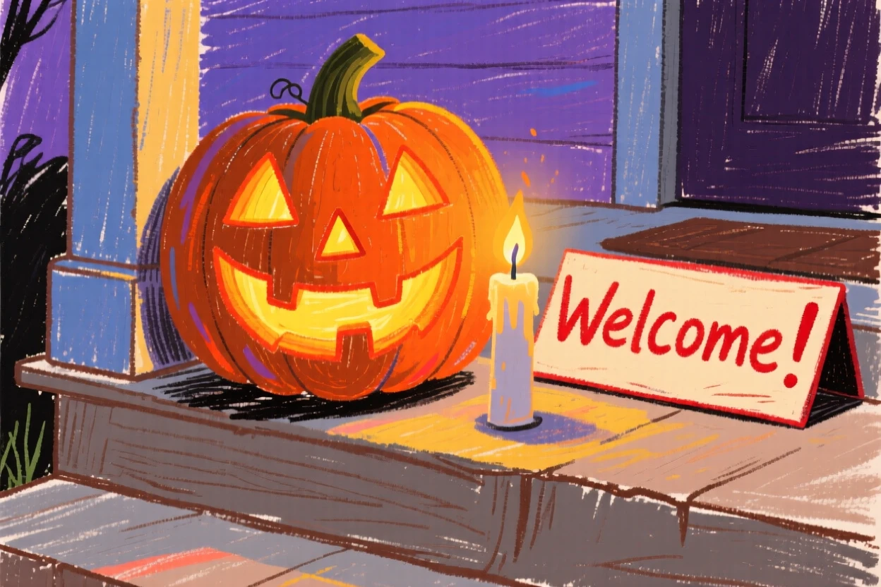 A carved jack o lantern glowing on a porch step at dusk.