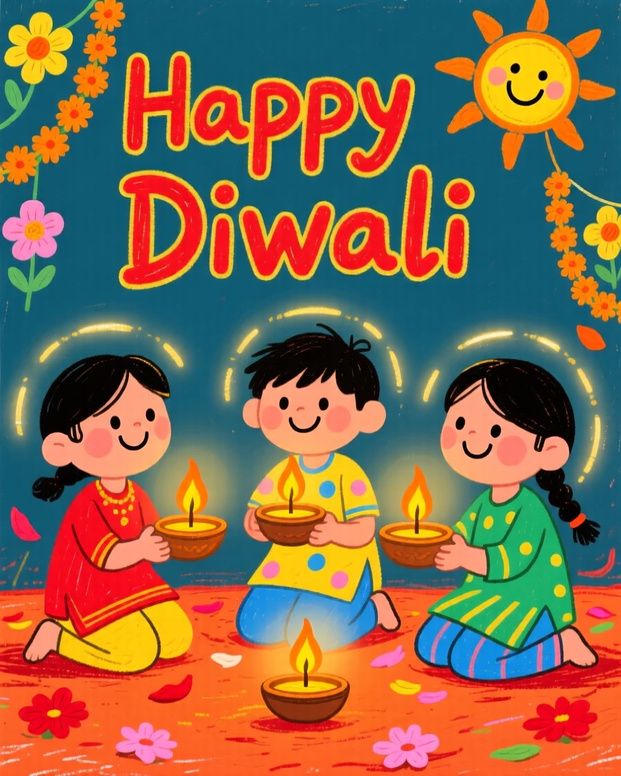 Children lighting small oil lamps during a festival of lights in India.