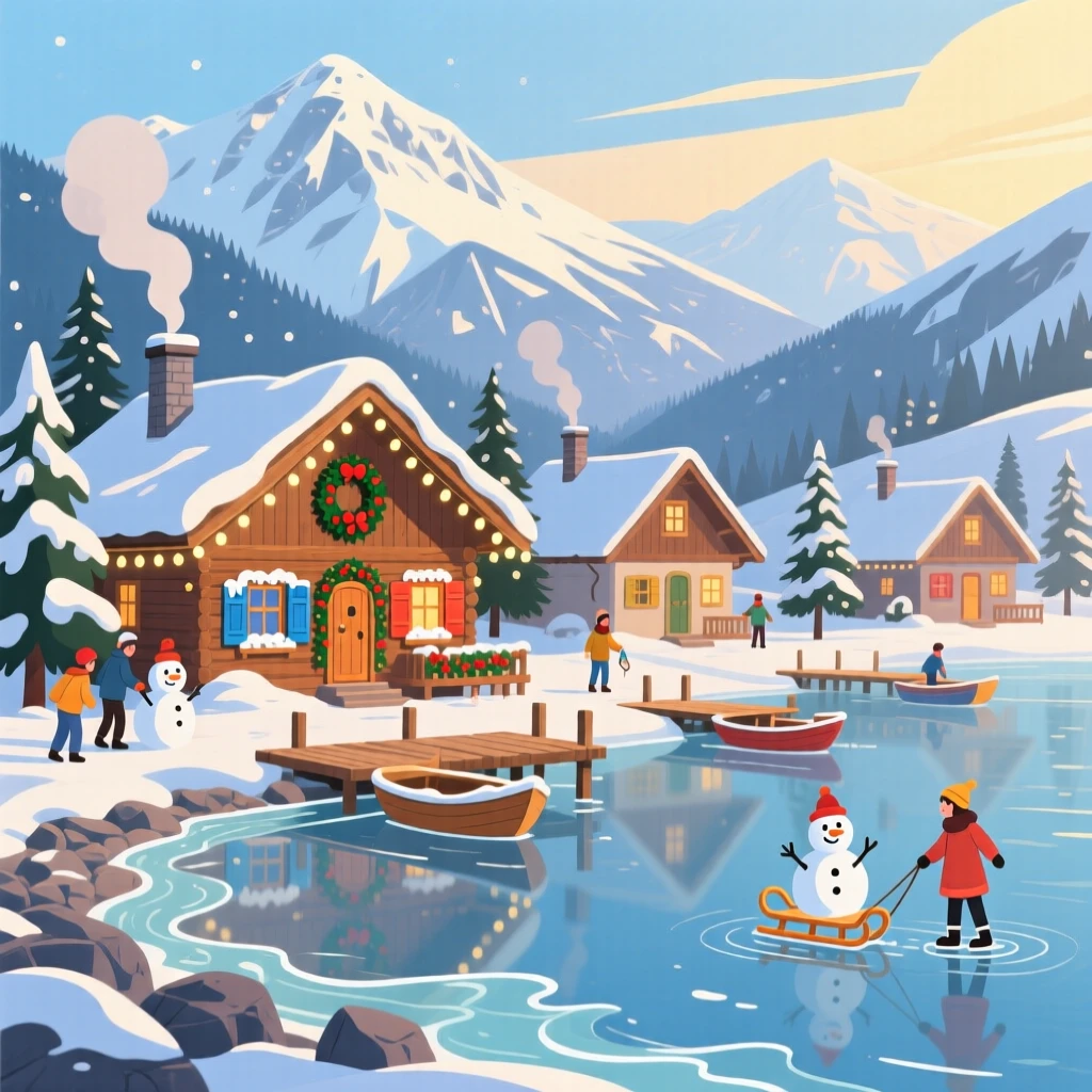 A charming Alpine village decorated for the winter season, with gentle waves lapping at the shore nearby, framed to showcase both intimate detail and grand scale, with a joyful, adventurous atmosphere.