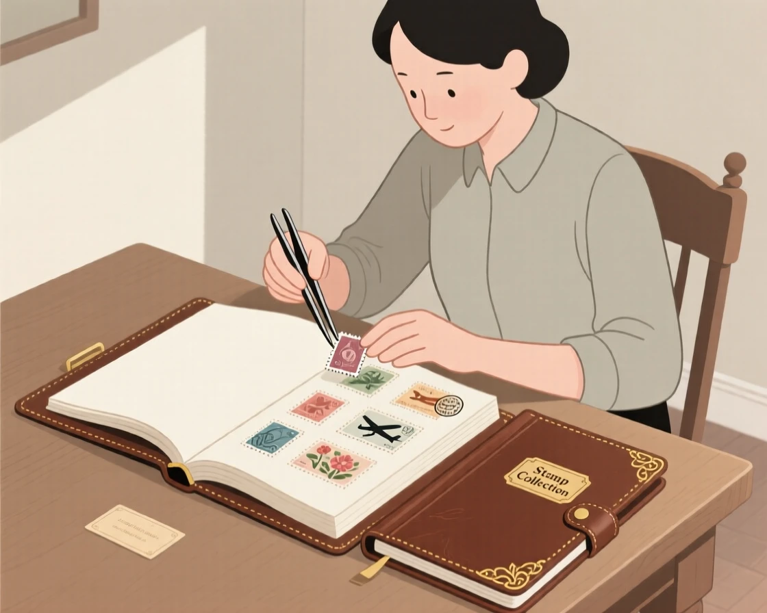 A collector arranging vintage stamps in a leather-bound album.