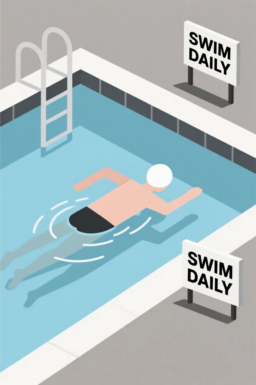 A person swimming in an outdoor pool for exercise