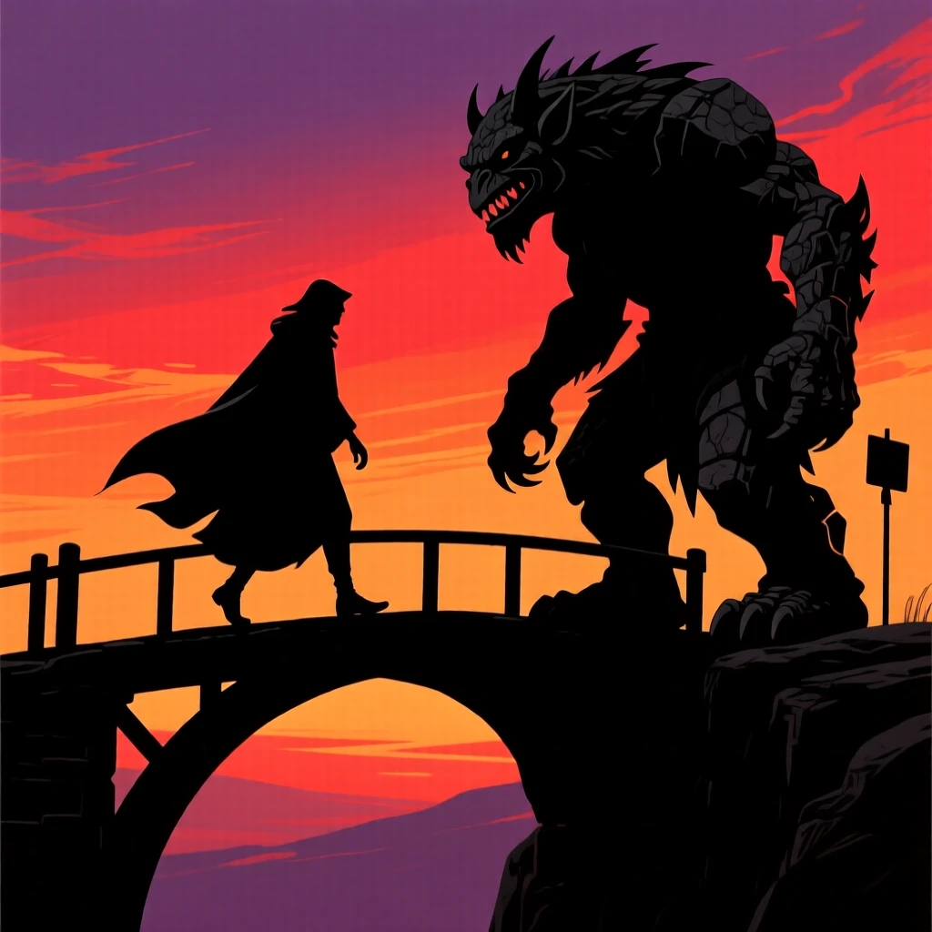 A cloaked traveler crossing a bridge guarded by an ancient stone troll.