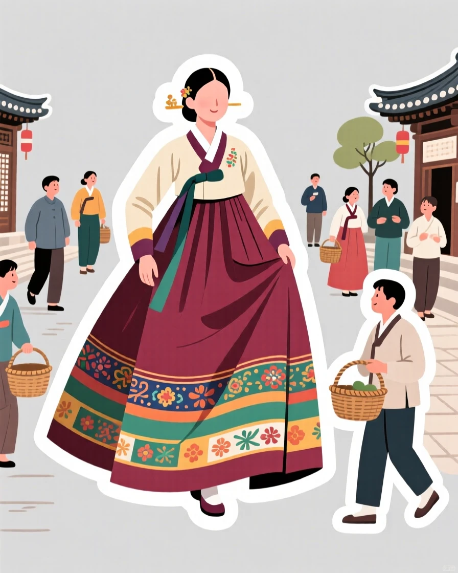 A richly detailed Korean hanbok-inspired flowing dress, with locals going about their day, in a moment worth remembering forever.