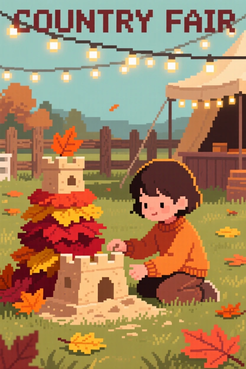 A child building a sandcastle piled high with autumn leaves, at a countryside fair under strings of lights.