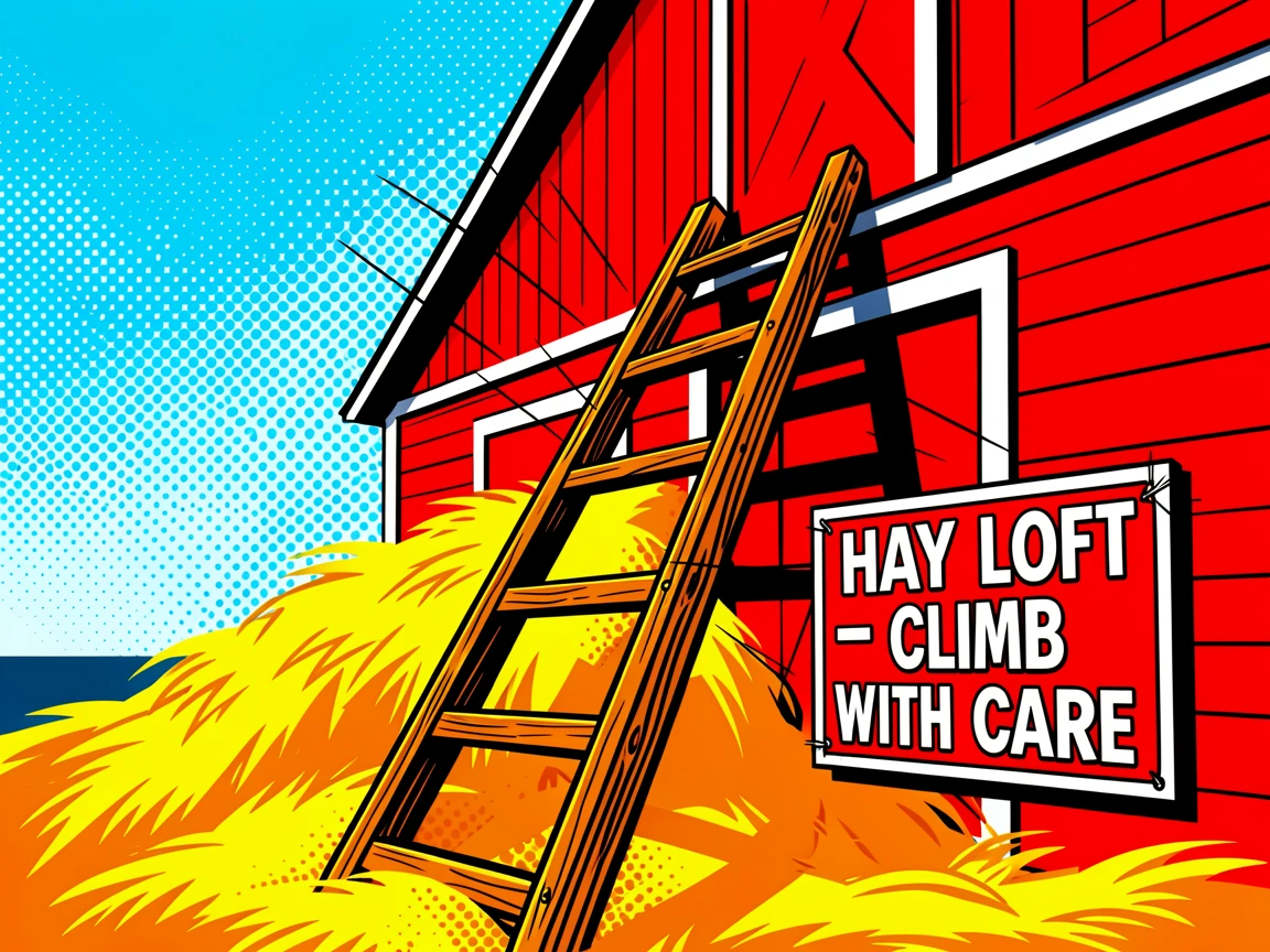 A rustic wooden ladder leaning against a barn full of hay