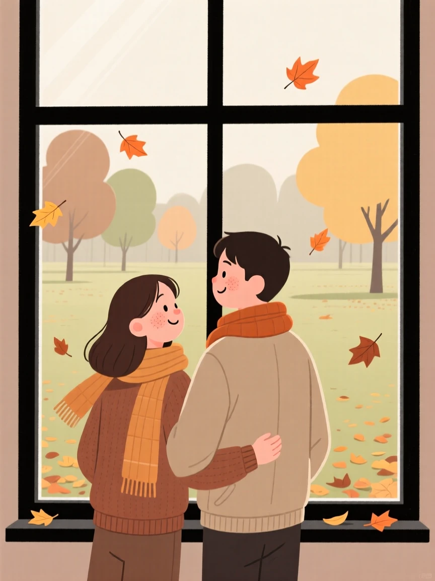 Soft autumn leaves falls over a empty park as a young couple watches from a nearby window, wrapped warmly against the spring air.