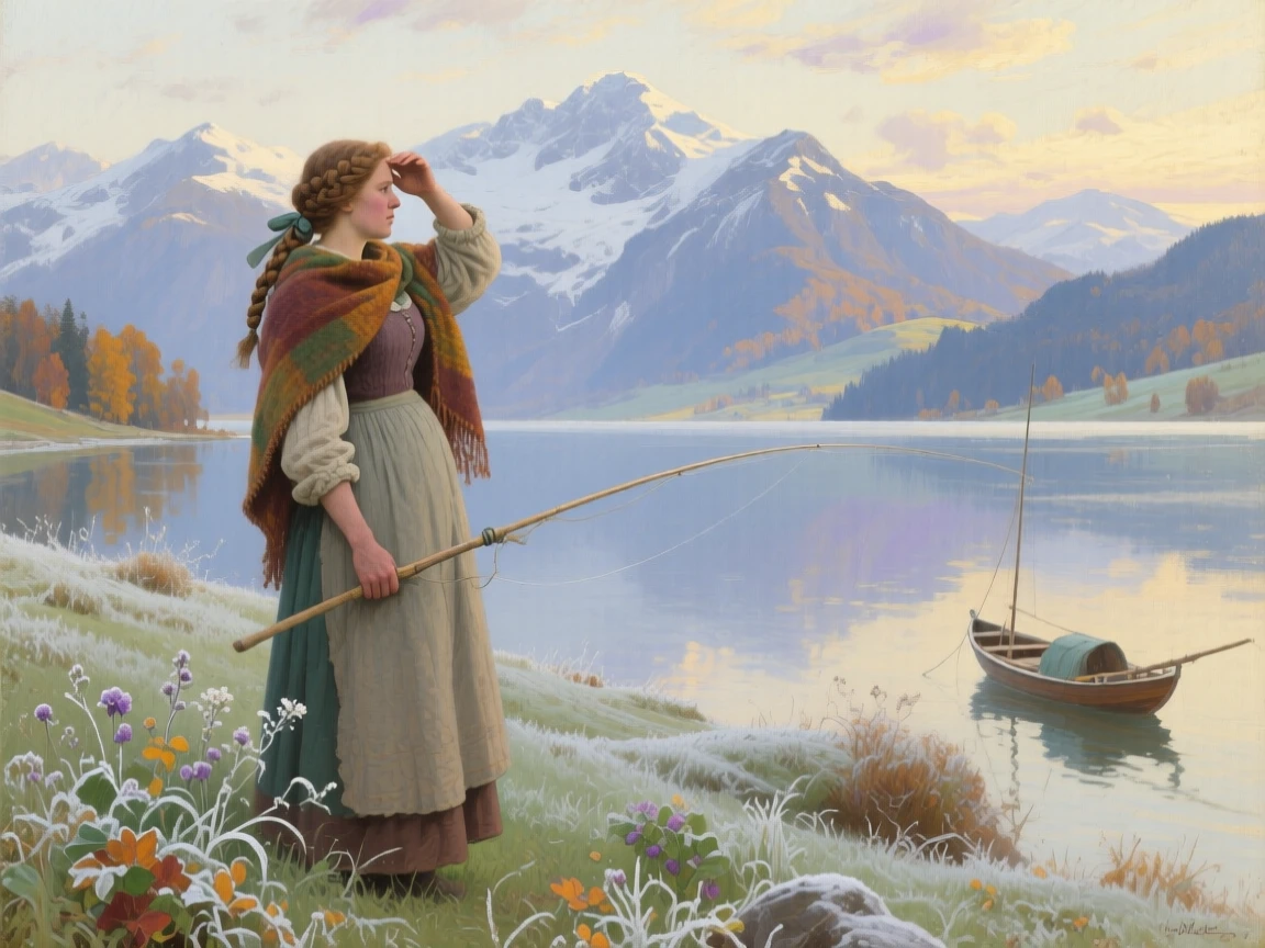 A balanced composition of a fisherman's wife scanning the horizon for returning boats, during the first frost of autumn, in the Swiss Alps.