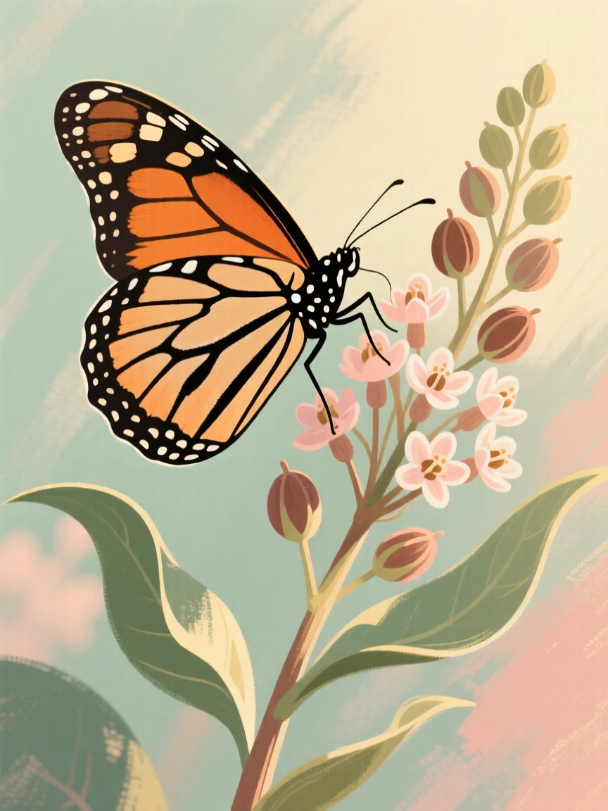 A close-up of a monarch butterfly resting on milkweed
