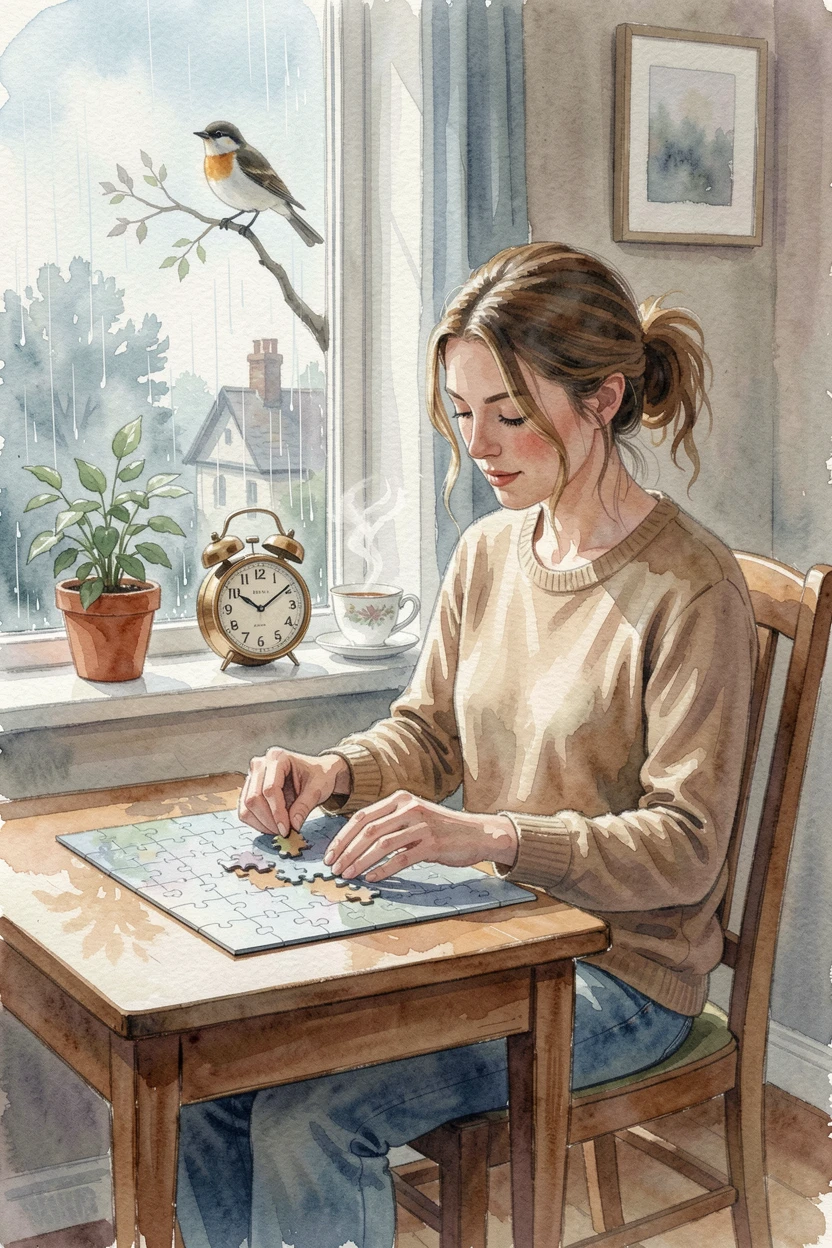 A woman doing a jigsaw puzzle on a rainy afternoon as birds chirp softly in the background.