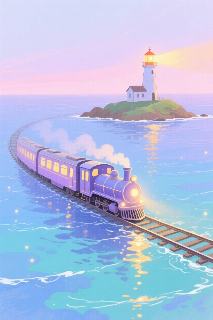 A magical train travels along tracks laid across the surface of the ocean toward a glowing lighthouse island