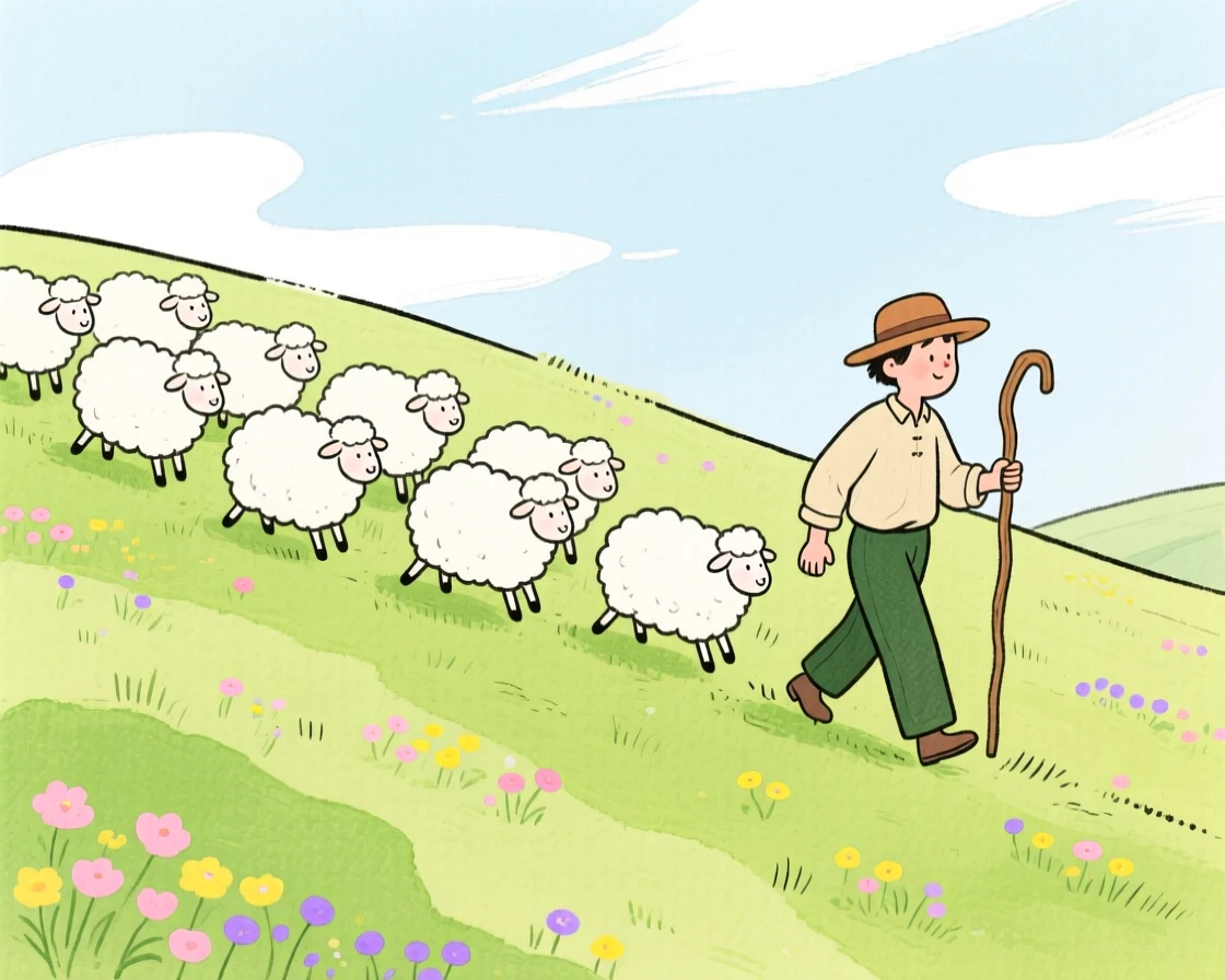 A shepherd guiding a flock of sheep across a hillside, peaceful and full of gentle motion.