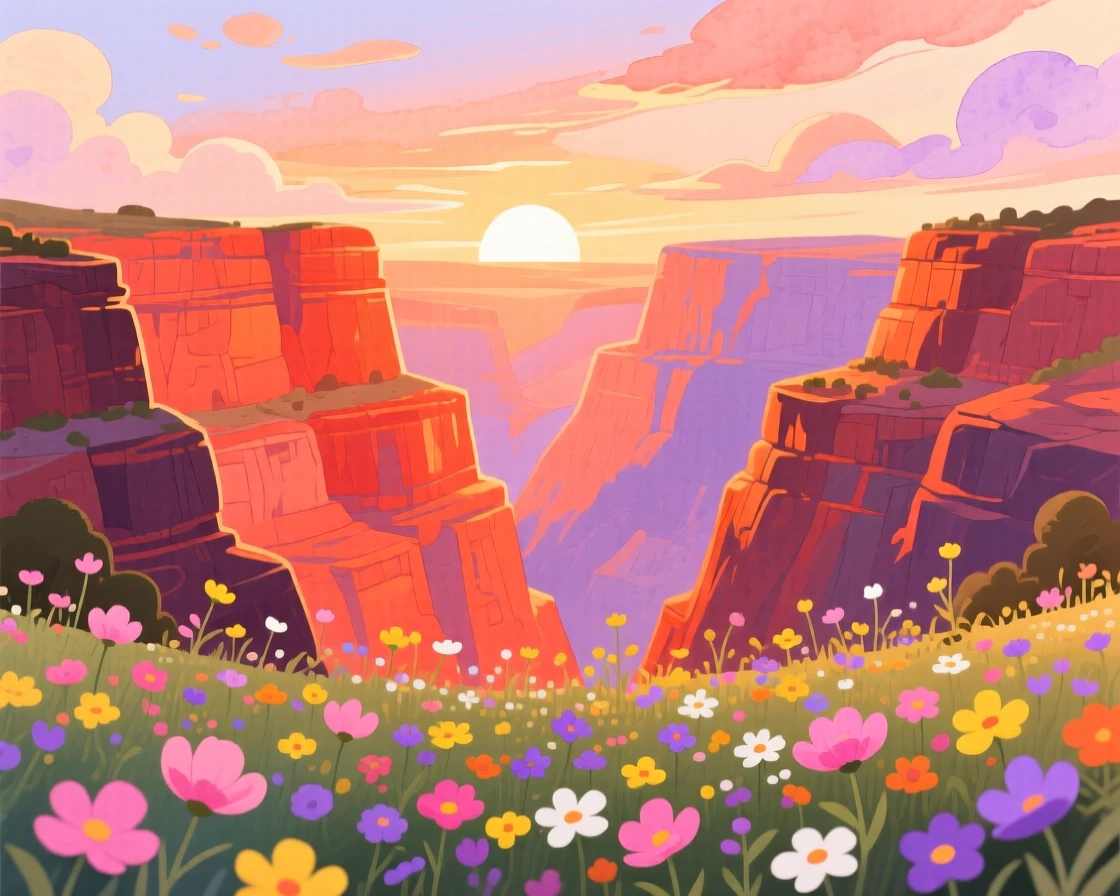 A canyon glowing orange and red at sunset, with wildflowers scattered across the foreground, radiating natural splendor and tranquility.