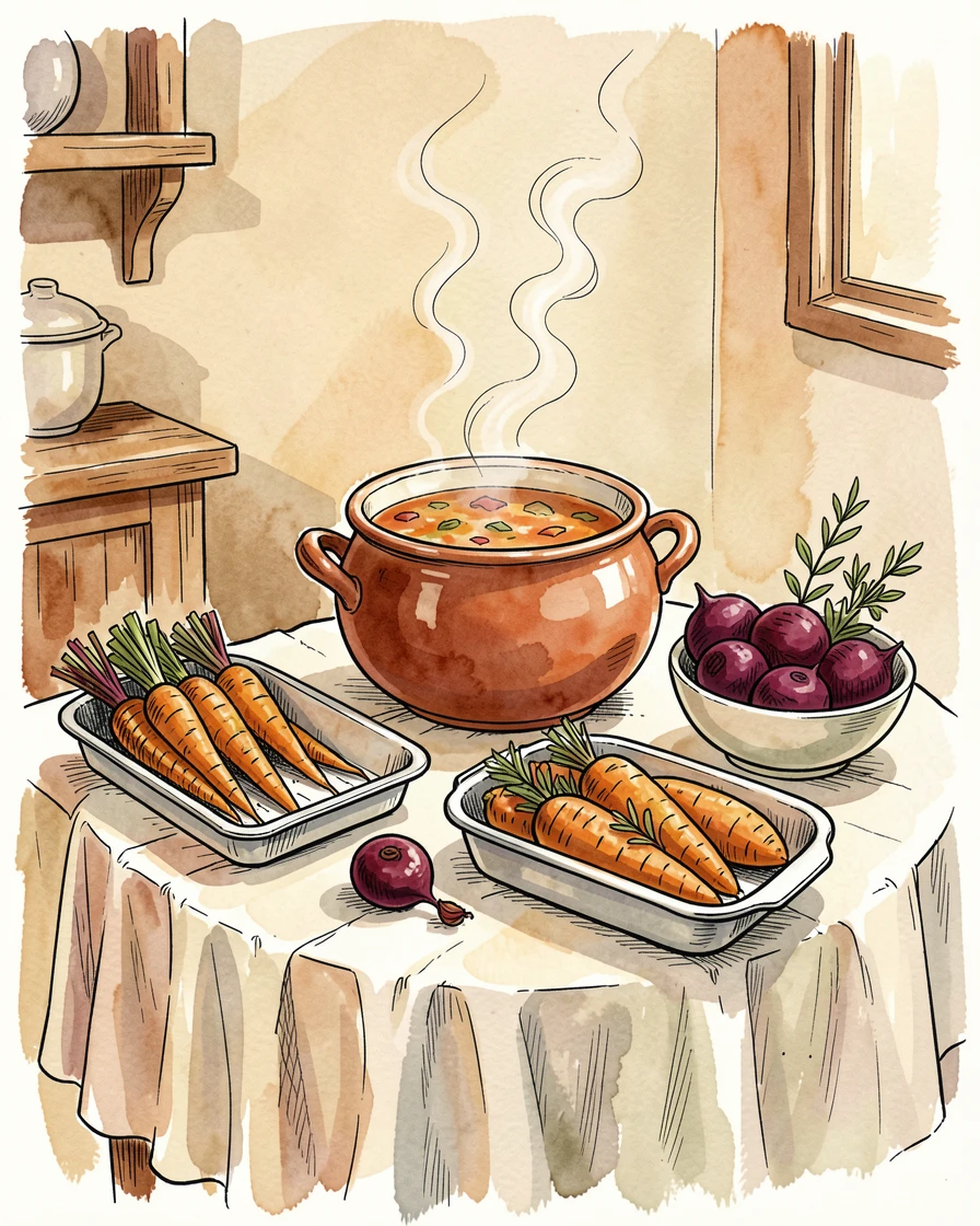 A rustic table set with roasted vegetables and a pot of hearty soup, steam curling gently into the warm kitchen air.