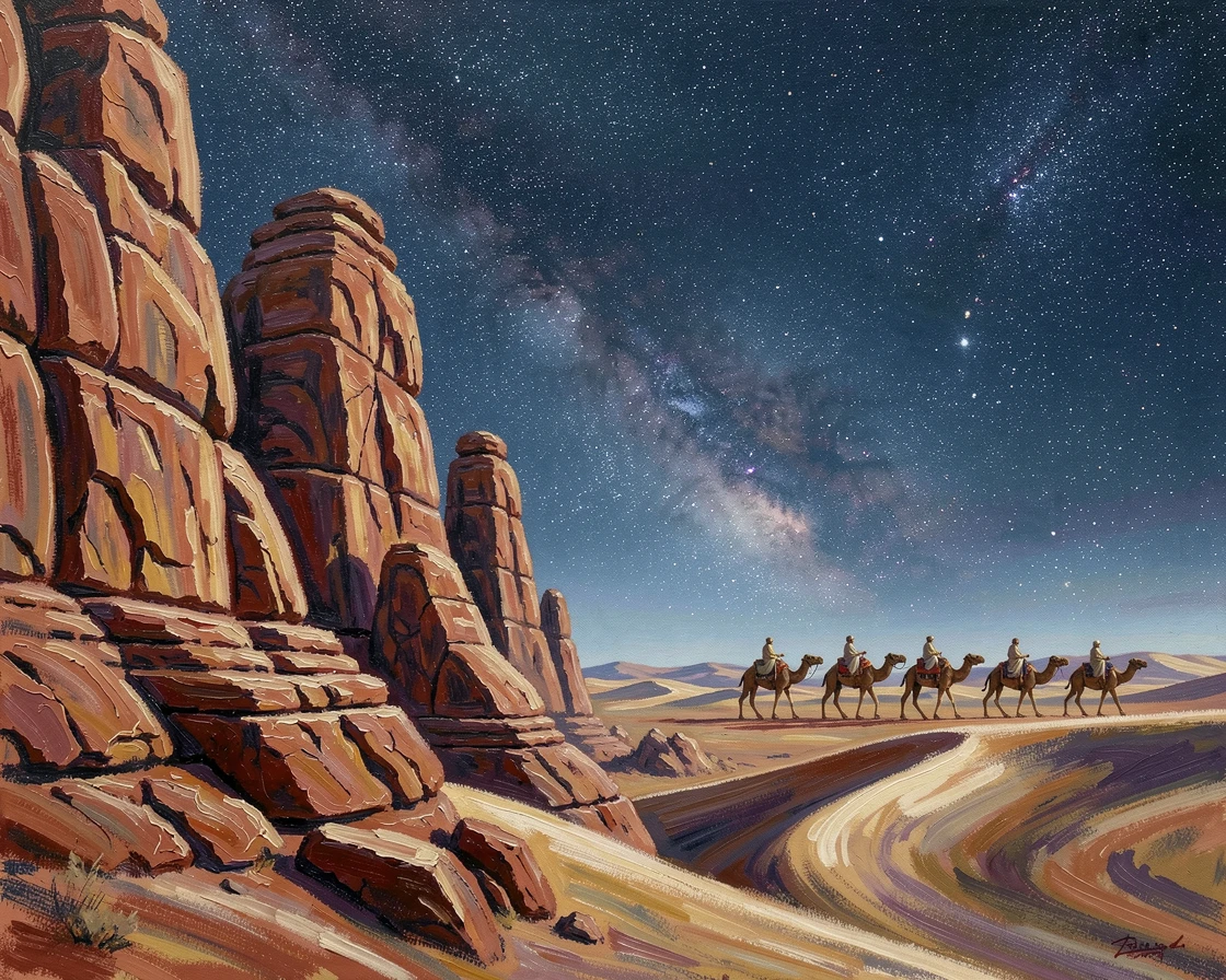 Towering red sandstone rock formations, where wind has sculpted the dunes into flowing ridges, a caravan of camels crossing the horizon, under a brilliant canopy of desert stars.