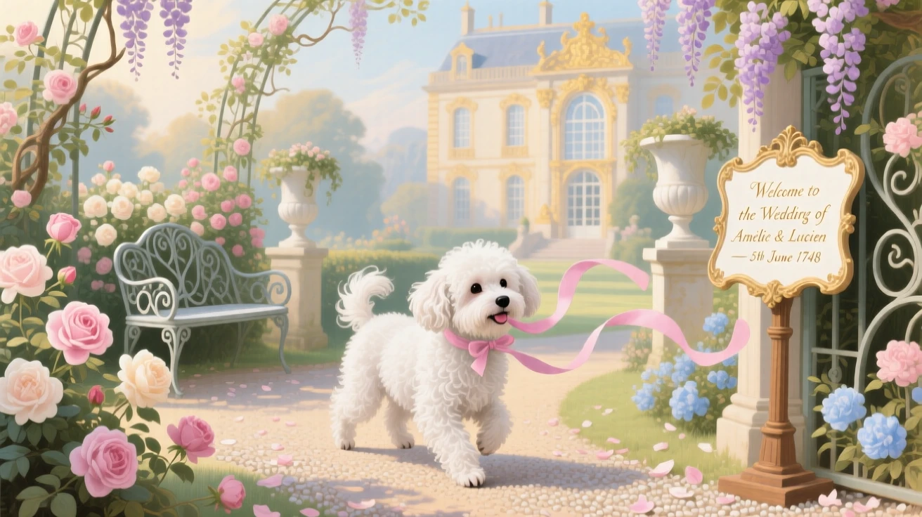 A small dog carrying a ribbon through a wedding garden  