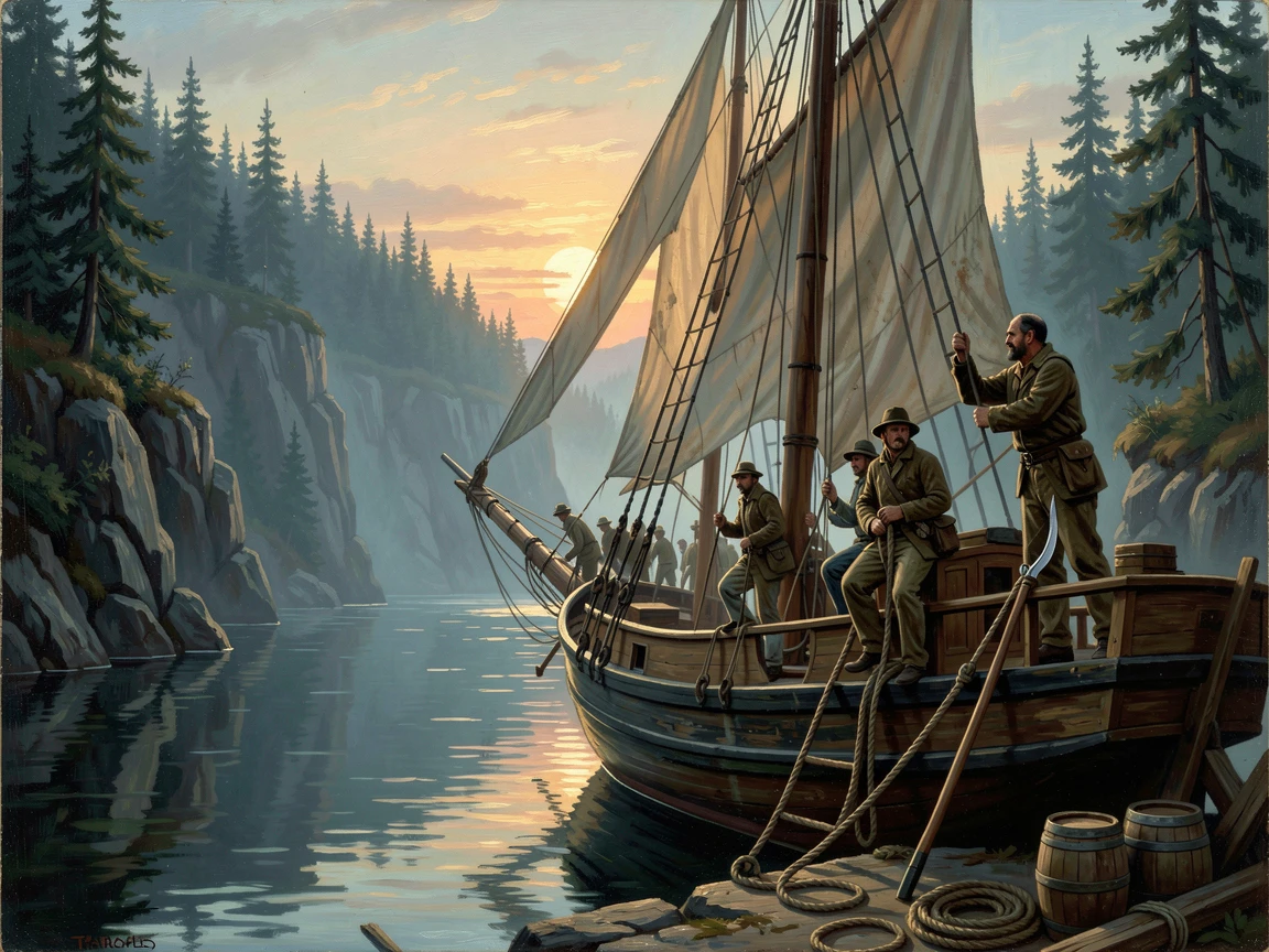 A whaling ship drifts silently through a quiet cove at first light as sailors climb the rigging.
