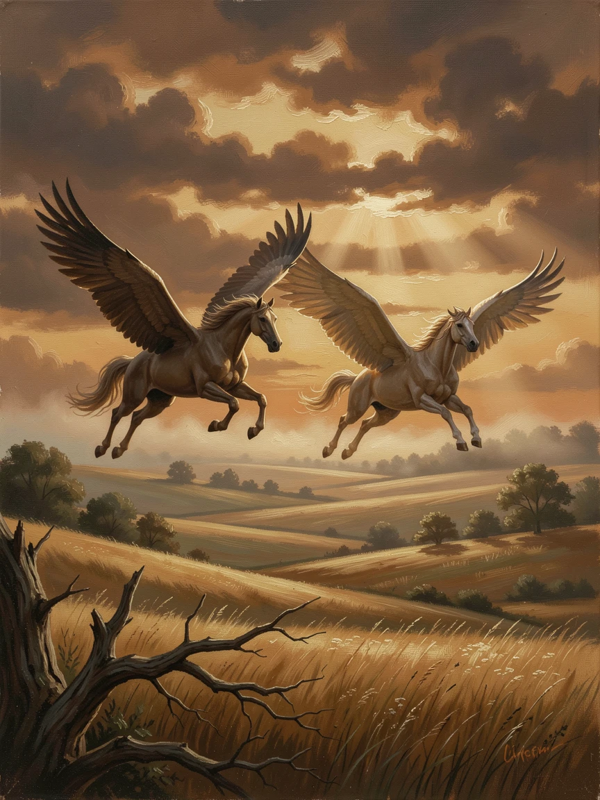 A pair of majestic pegasi flying together above a golden sunset landscape, as beams of light cut dramatically through darkness or fog, creating a scene that feels both magical and entirely believable