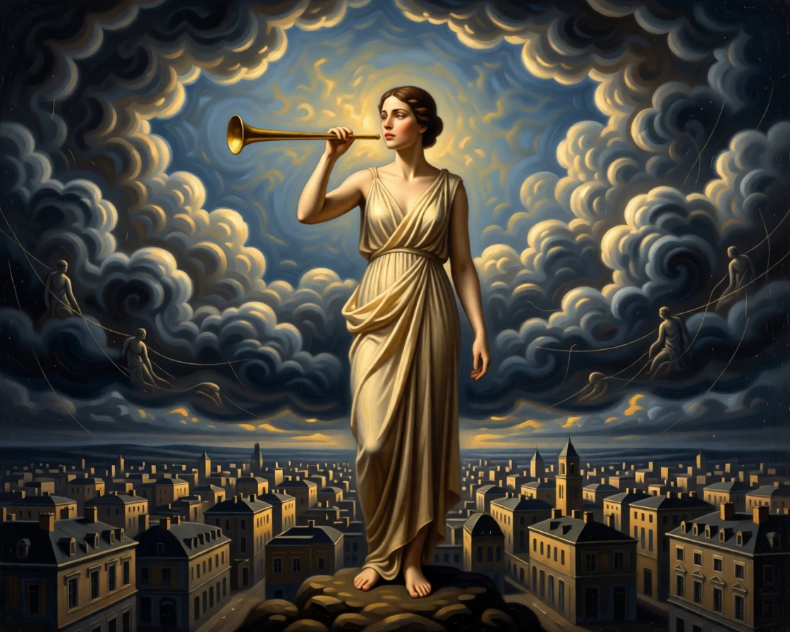 A figure of Fame sounding her trumpet over a sleeping city as unseen forces of fate quietly converge, set amid swirling clouds suspended between earth and sky, with contrasting elements of darkness and radiance framing the scene; radiating light from the central figure draws every eye inward, evoking profound meditation on fate, virtue, and the human condition.