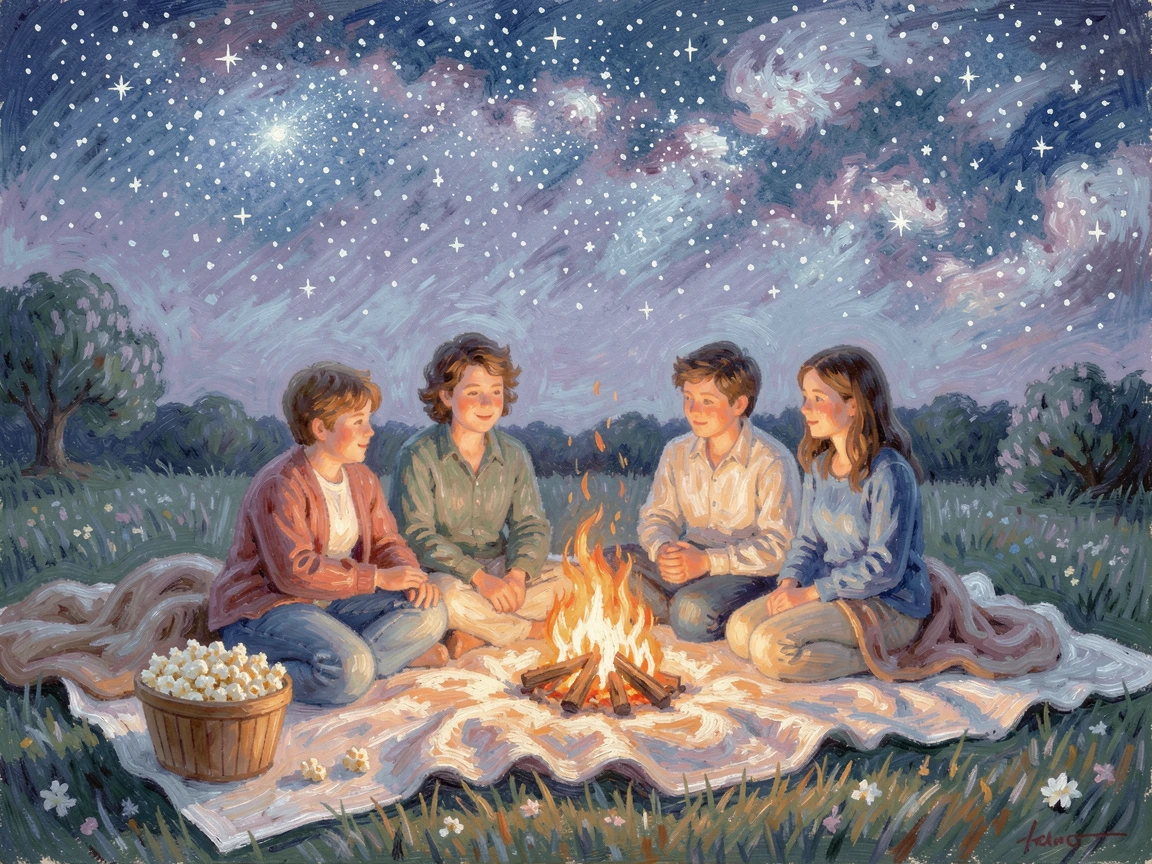 A cozy family movie night with blankets, popcorn, and a fire crackling in the background, under a canopy of stars.